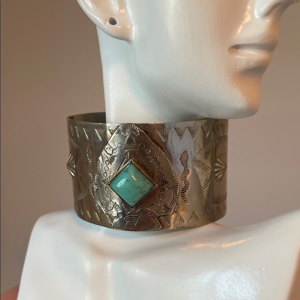 Hand-Stamped Silver Turquoise cuff bracelet - Turquoise